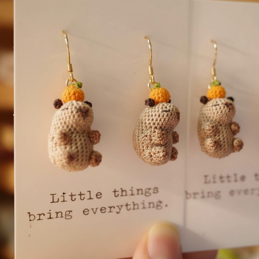 Custom handmade crochet capybara earrings featuring two designs: one with a tiny orange on its head and another with a red Santa hat.