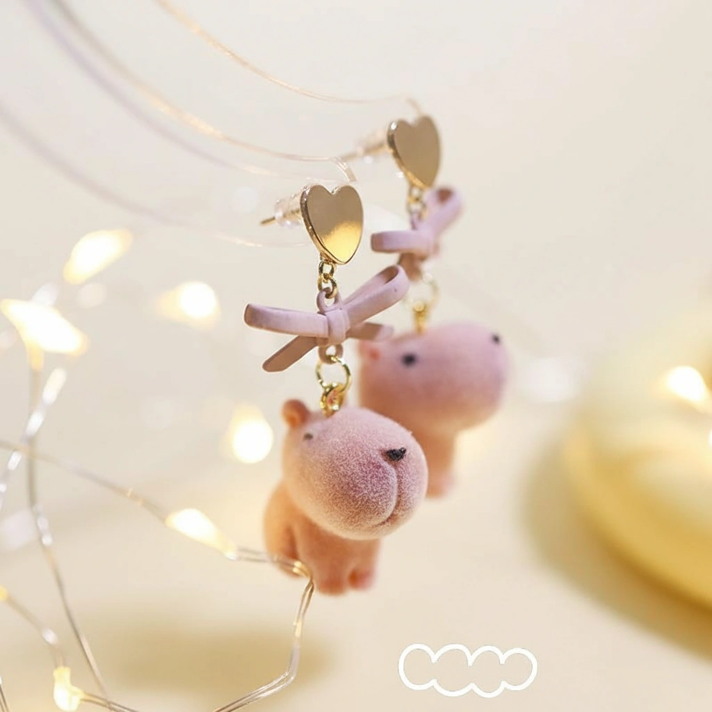 A pair of sweet pink capybara stud earrings with a glossy finish, available in both S925 silver needles and comfortable clip-on styles.
