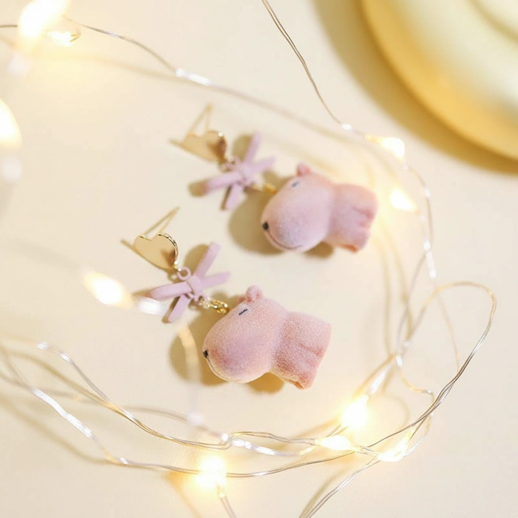 A pair of sweet pink capybara stud earrings with a glossy finish, available in both S925 silver needles and comfortable clip-on styles.