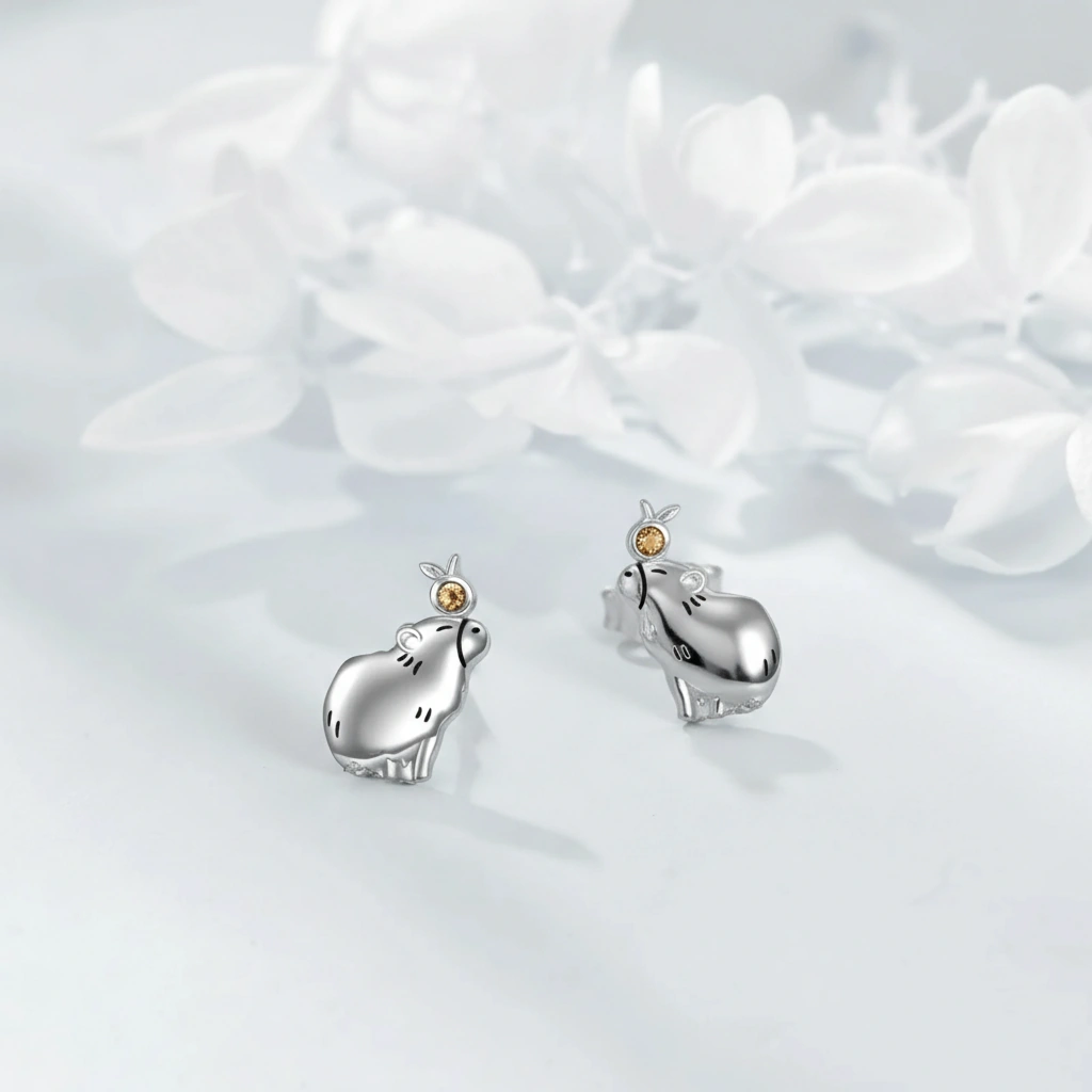 Text A pair of minimalist capybara stud earrings made of zinc alloy, displayed in both shiny gold and polished silver finishes.