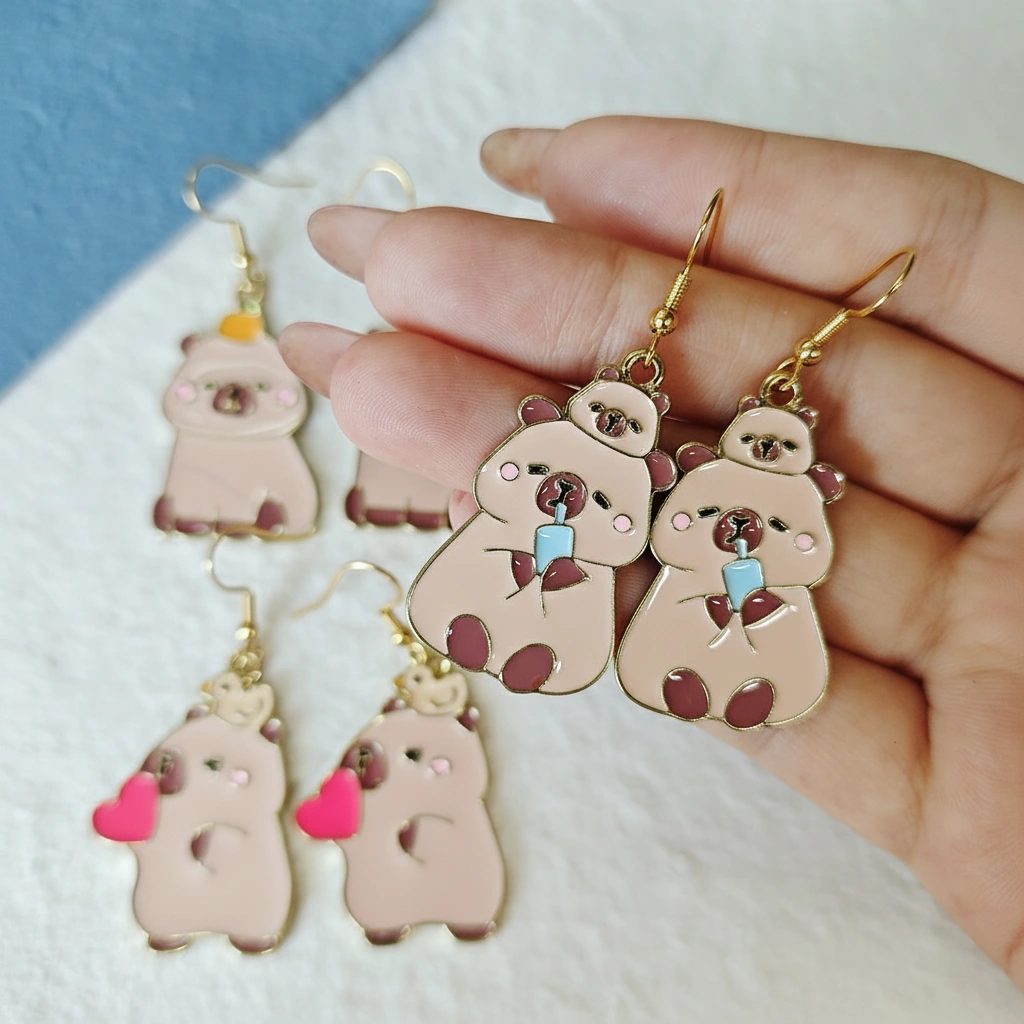 A collection of four different capybara enamel dangle earrings featuring designs with a turtle backpack, a red heart, a boba drink, and an orange on the head.
