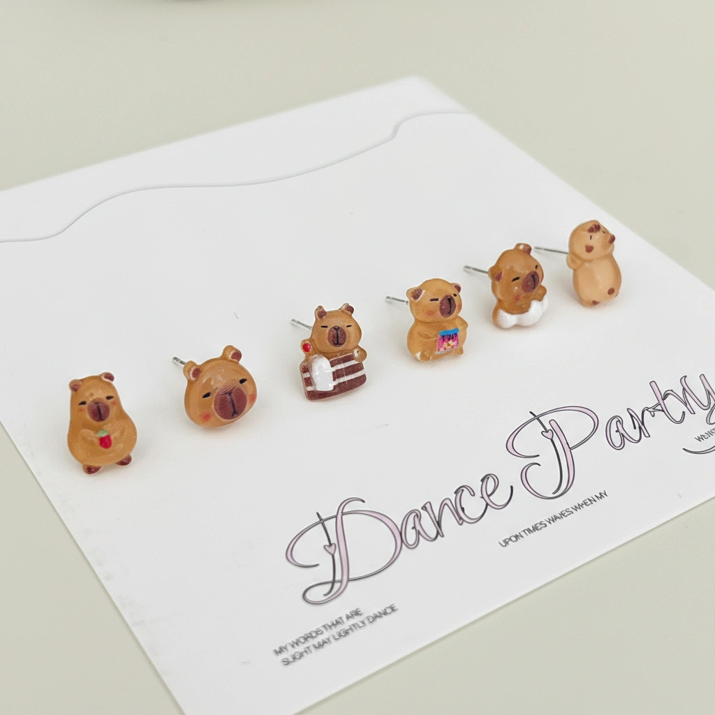 A collection of six pairs of mini capybara stud earrings featuring a capybara sleeping, wearing pajamas, bathing, and eating snacks.