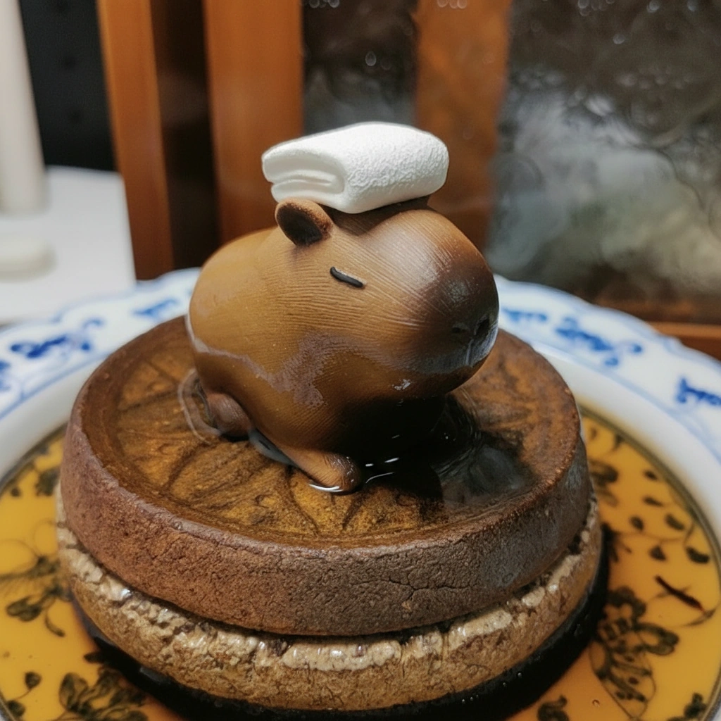A brown textured resin capybara mini figure with a white towel on its head, sitting inside a ceramic tea bowl filled with water as a traditional tea pet.