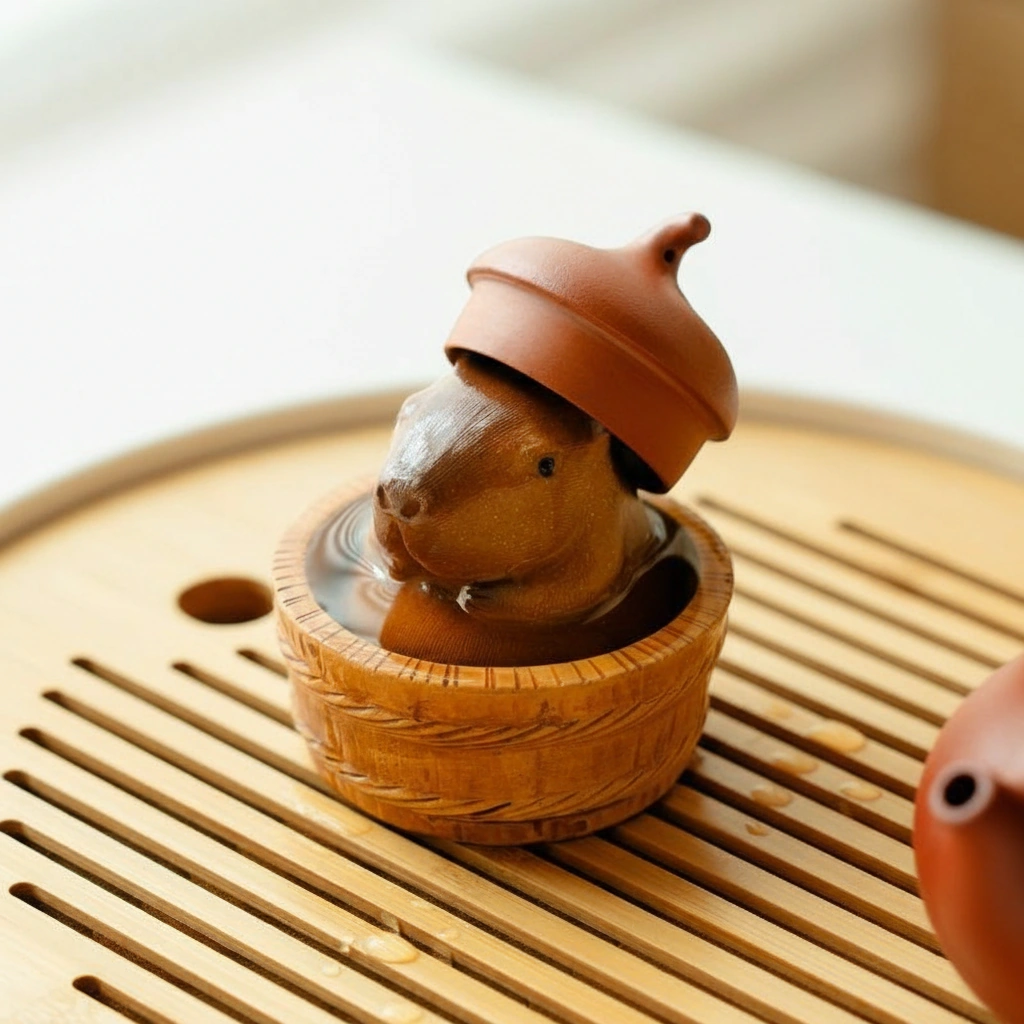 A brown textured purple clay capybara mini figure with a white towel on its head, resting in a tea bowl as a traditional Zisha tea pet.