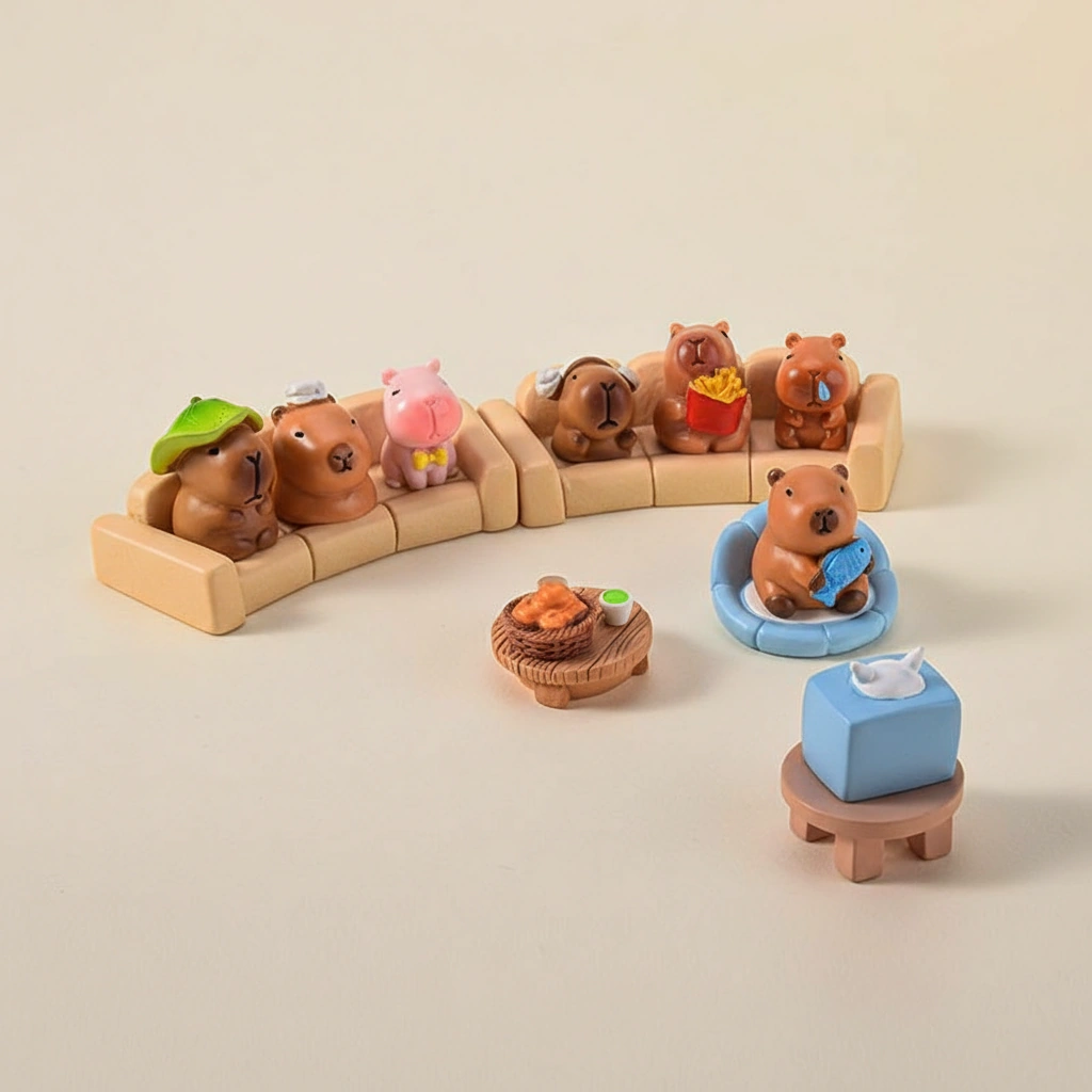 A large 16-piece set of miniature capybara figures and scenery accessories including plants and fruit, displayed with their specific height and width measurements.