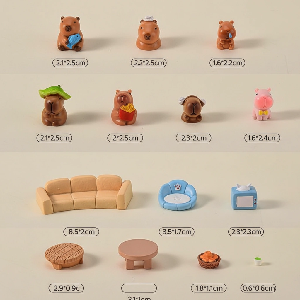 A large 16-piece set of miniature capybara figures and scenery accessories including plants and fruit, displayed with their specific height and width measurements.