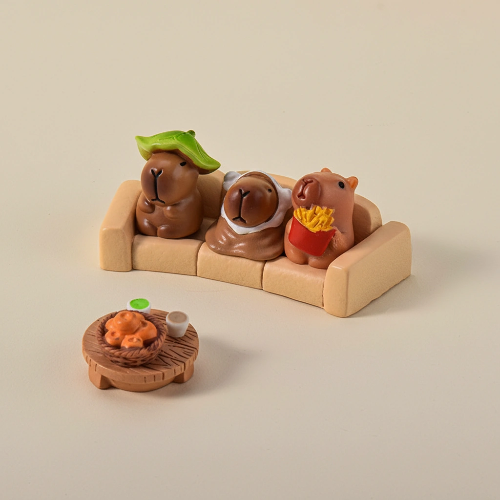 A large 16-piece set of miniature capybara figures and scenery accessories including plants and fruit, displayed with their specific height and width measurements.