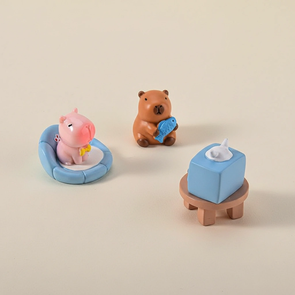 A large 16-piece set of miniature capybara figures and scenery accessories including plants and fruit, displayed with their specific height and width measurements.