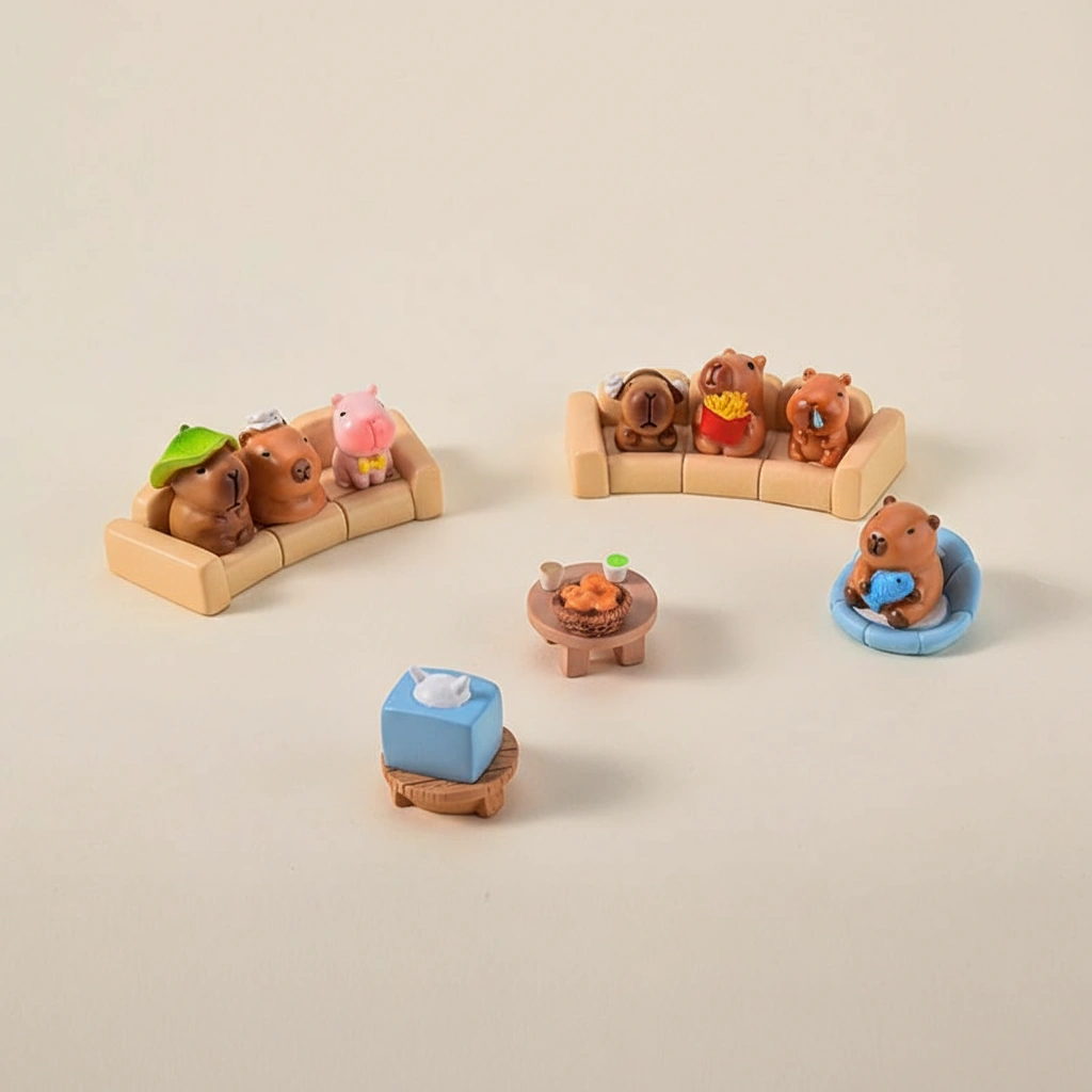 A large 16-piece set of miniature capybara figures and scenery accessories including plants and fruit, displayed with their specific height and width measurements.