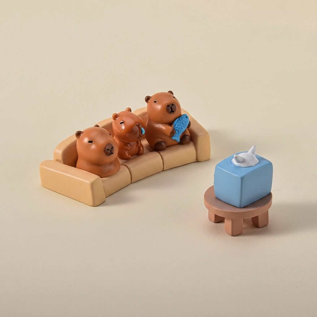 A large 16-piece set of miniature capybara figures and scenery accessories including plants and fruit, displayed with their specific height and width measurements.