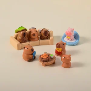 A large 16-piece set of miniature capybara figures and scenery accessories including plants and fruit, displayed with their specific height and width measurements.