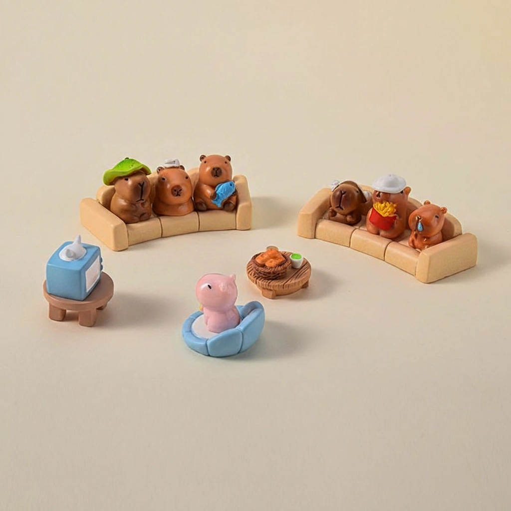 A large 16-piece set of miniature capybara figures and scenery accessories including plants and fruit, displayed with their specific height and width measurements.