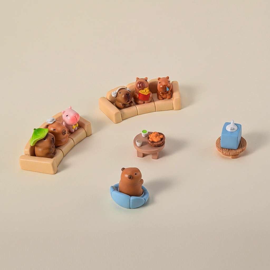 A large 16-piece set of miniature capybara figures and scenery accessories including plants and fruit, displayed with their specific height and width measurements.