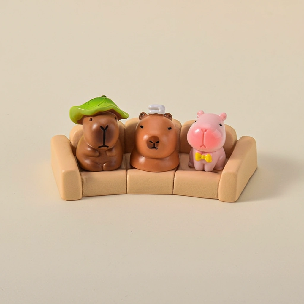 A large 16-piece set of miniature capybara figures and scenery accessories including plants and fruit, displayed with their specific height and width measurements.