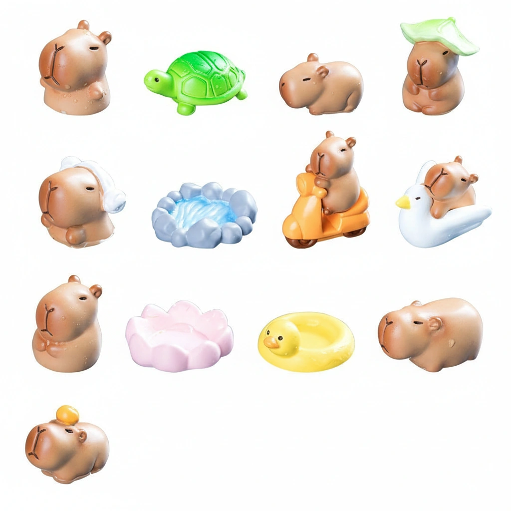13-piece collection of miniature capybara figures in various poses like sitting, sleeping, and standing, alongside tiny accessories like a bucket and orange.