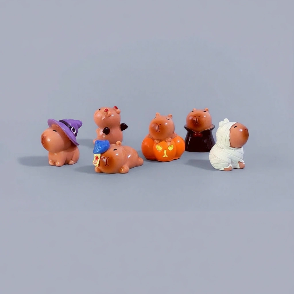 A 6-piece set of miniature capybara figures dressed in Halloween costumes including pumpkins, witch hats, and ghost hats.