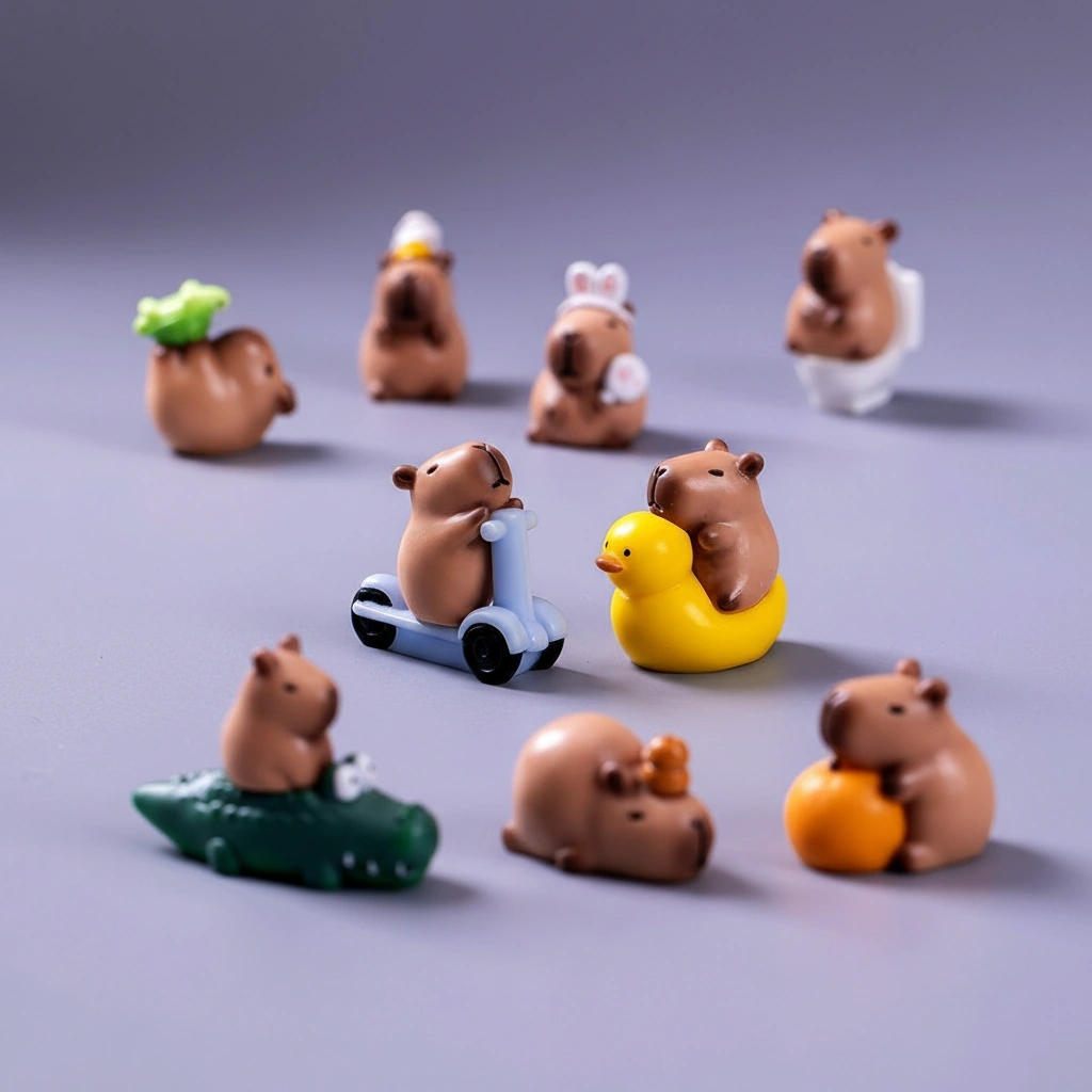 A 12-piece set of miniature capybara figures in various social poses, including one with a bird friend and others with oranges, alongside three small terrain accessories.