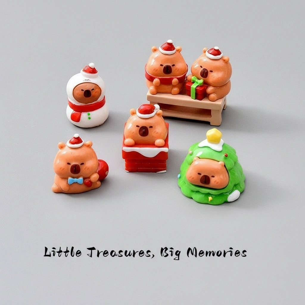 A set of six miniature capybara figures dressed in Christmas outfits including Santa hats, scarves, and holding a holiday gift.