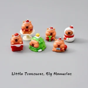 A set of six miniature capybara figures dressed in Christmas outfits including Santa hats, scarves, and holding a holiday gift.