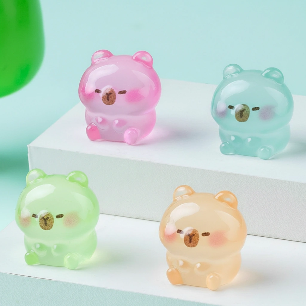 Six tiny capybara figures in different colors including pink, blue, and green, shown both in daylight and glowing with a green light in the dark.