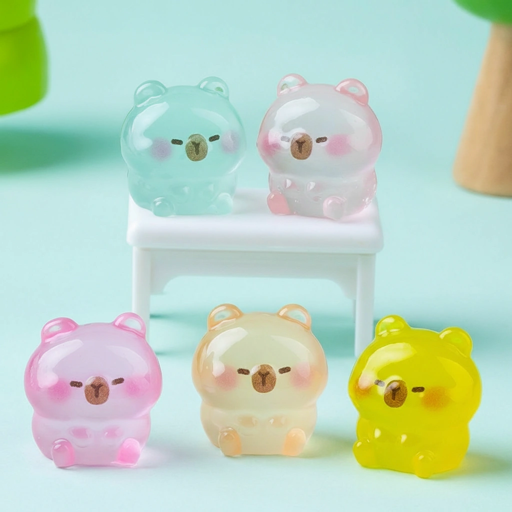 Six tiny capybara figures in different colors including pink, blue, and green, shown both in daylight and glowing with a green light in the dark.