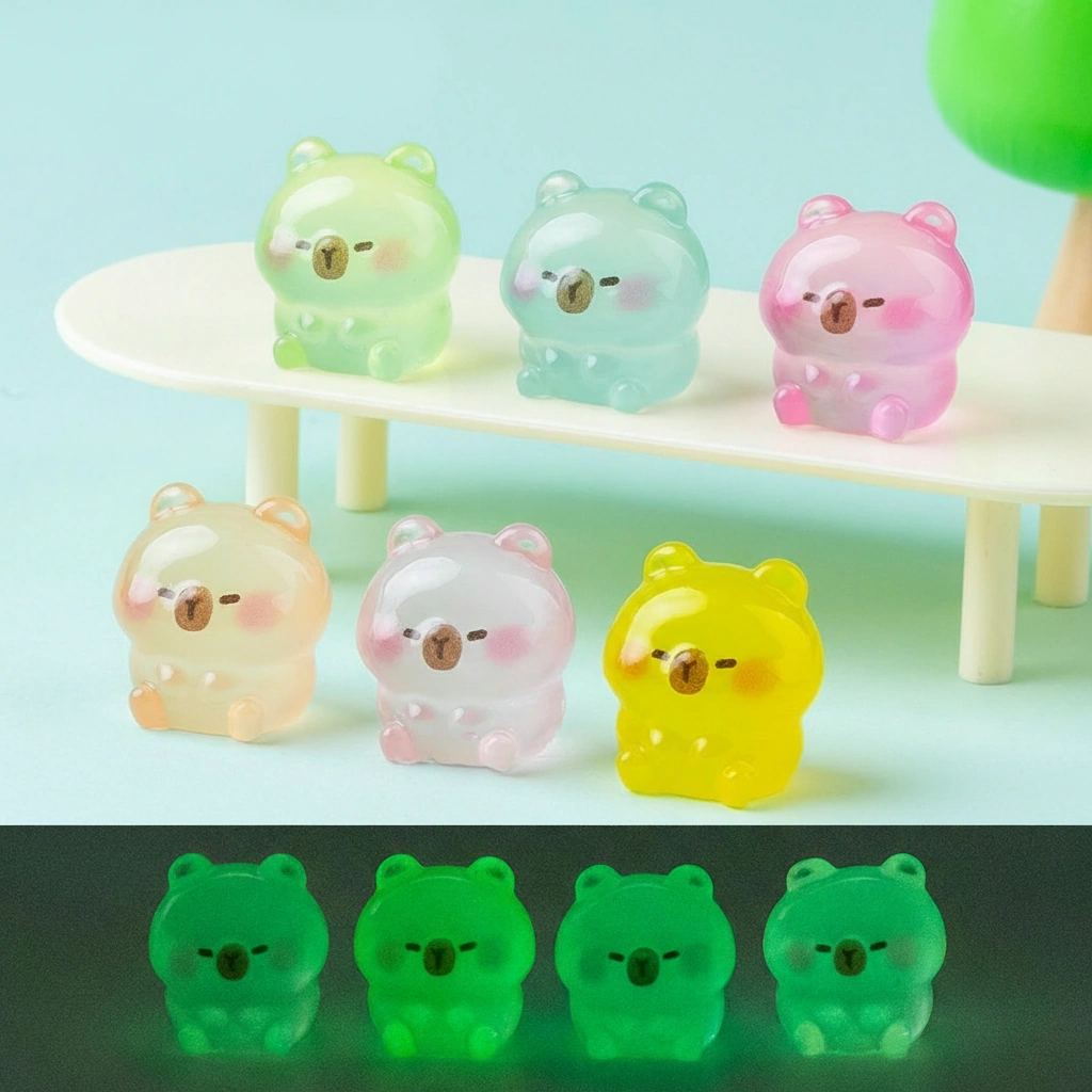 Six tiny capybara figures in different colors including pink, blue, and green, shown both in daylight and glowing with a green light in the dark.