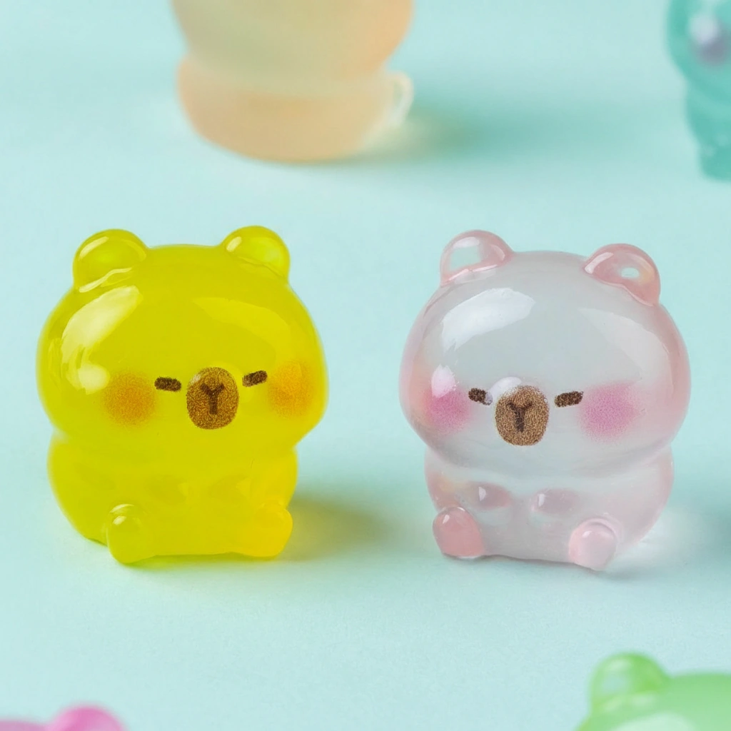 Six tiny capybara figures in different colors including pink, blue, and green, shown both in daylight and glowing with a green light in the dark.