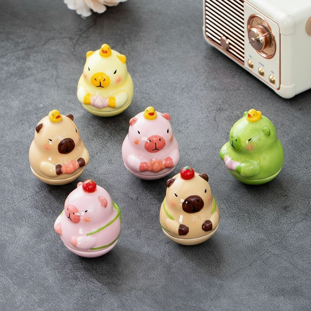 A collection of six colorful ceramic capybara mini figure tumblers in pink, brown, yellow, and green, each featuring a tiny strawberry or duck on its head.