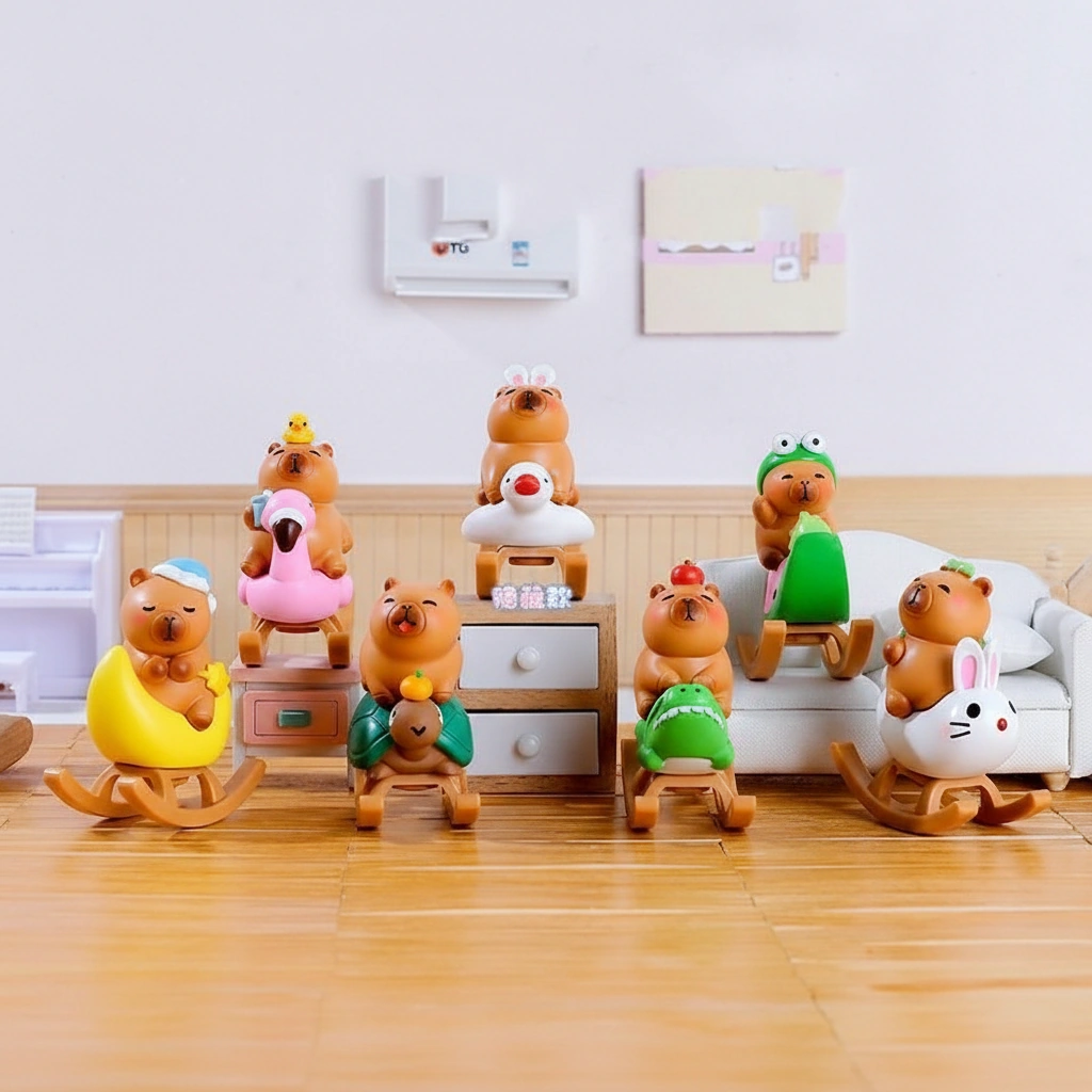 A set of six miniature capybara figures, each sitting on a different colored rocking horse like a playground toy, in a variety of poses.
