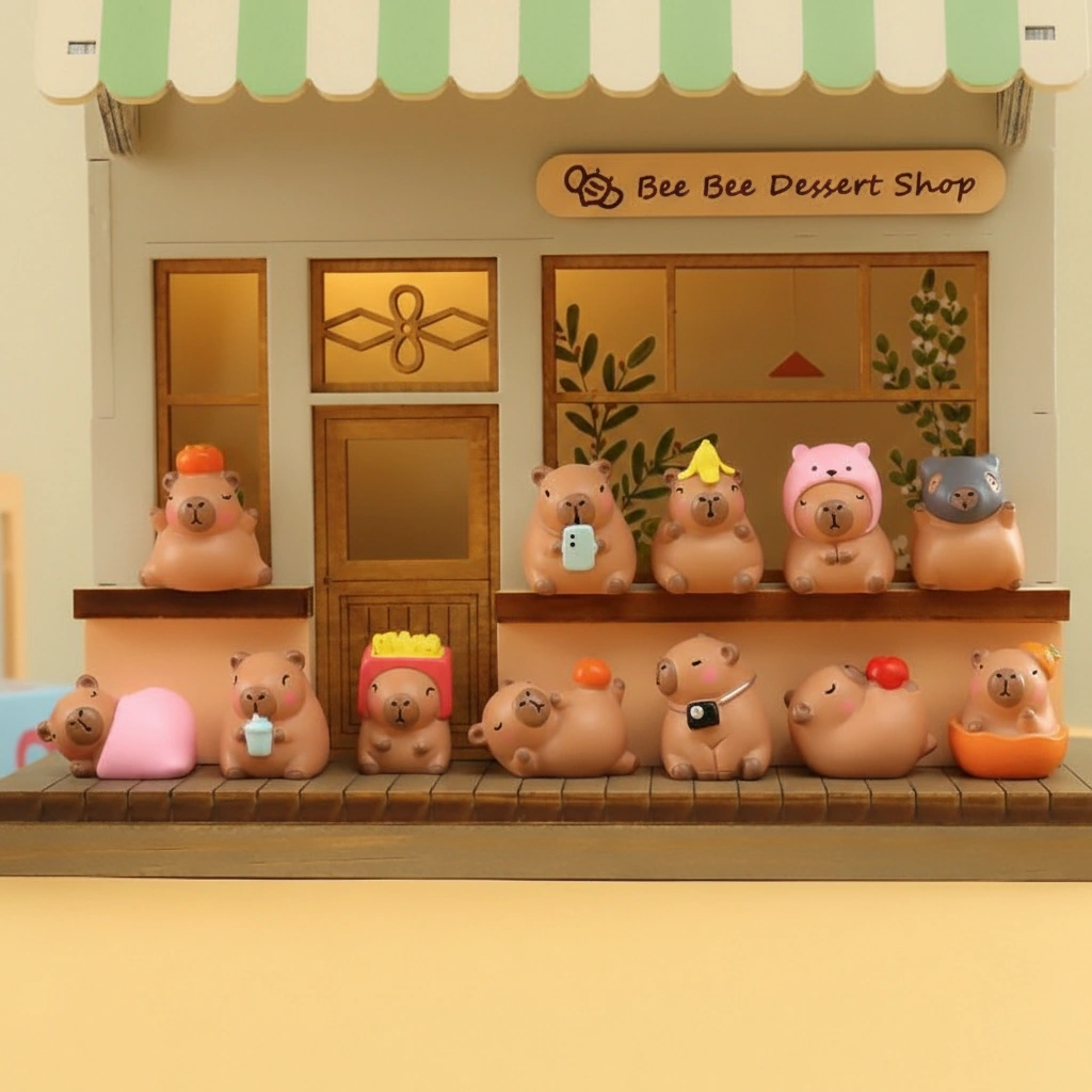 A set of 12 different resin capybara figures in various poses, including some with oranges on their heads and others lying down.