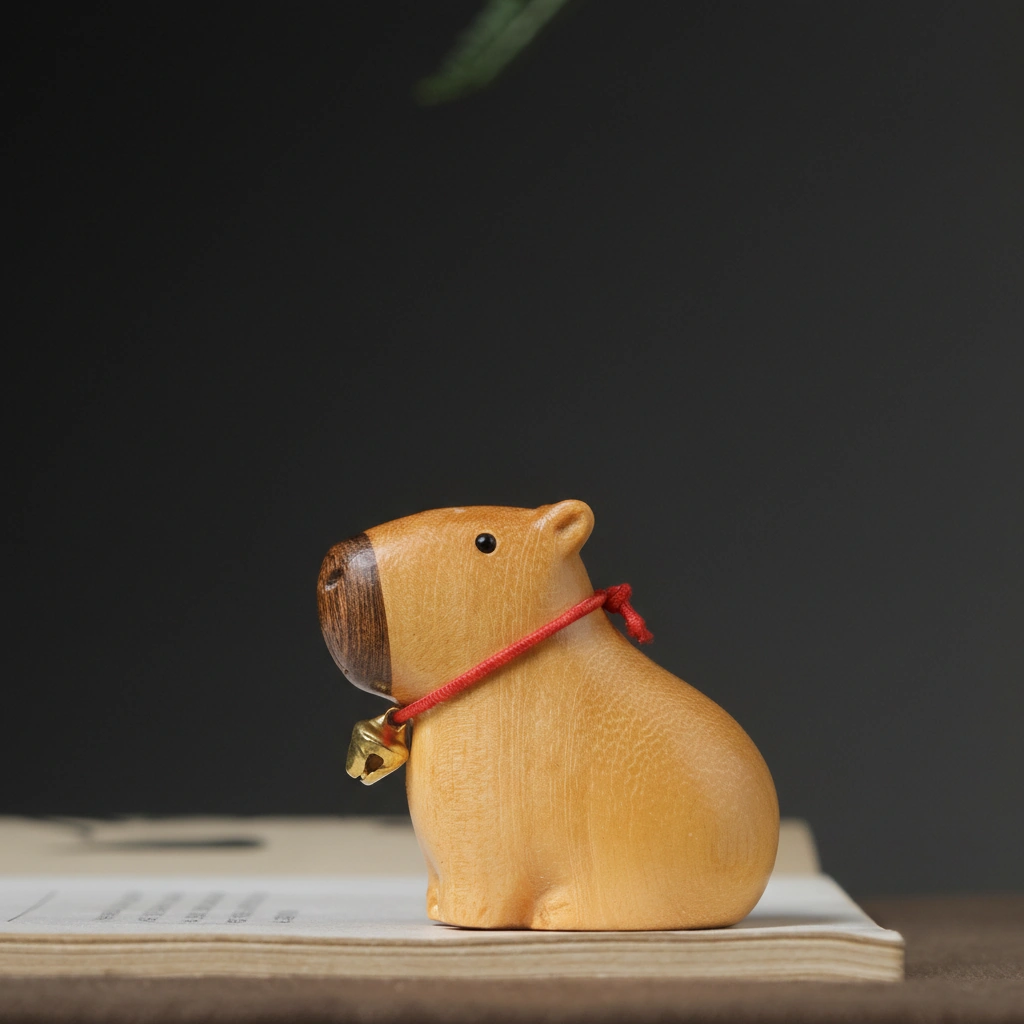 A 5cm hand-carved dark sandalwood capybara figurine with a smooth natural wood grain, standing on a flat surface.