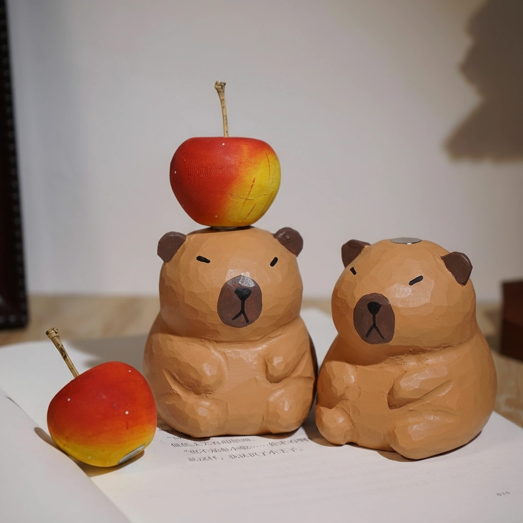 Wooden Capybara Figurine with Magnetic Apple - Hand-Carved Style Detachable Wood Ornament
