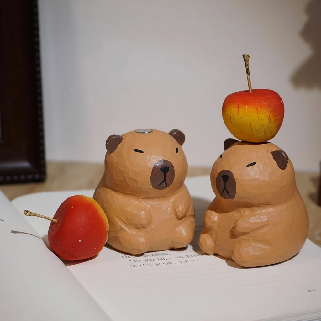 Wooden Capybara Figurine with Magnetic Apple - Hand-Carved Style Detachable Wood Ornament