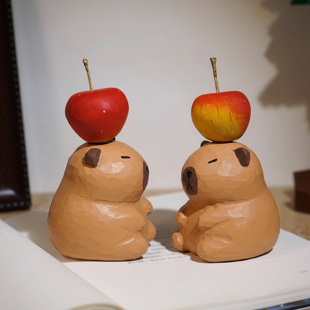 Wooden Capybara Figurine with Magnetic Apple - Hand-Carved Style Detachable Wood Ornament