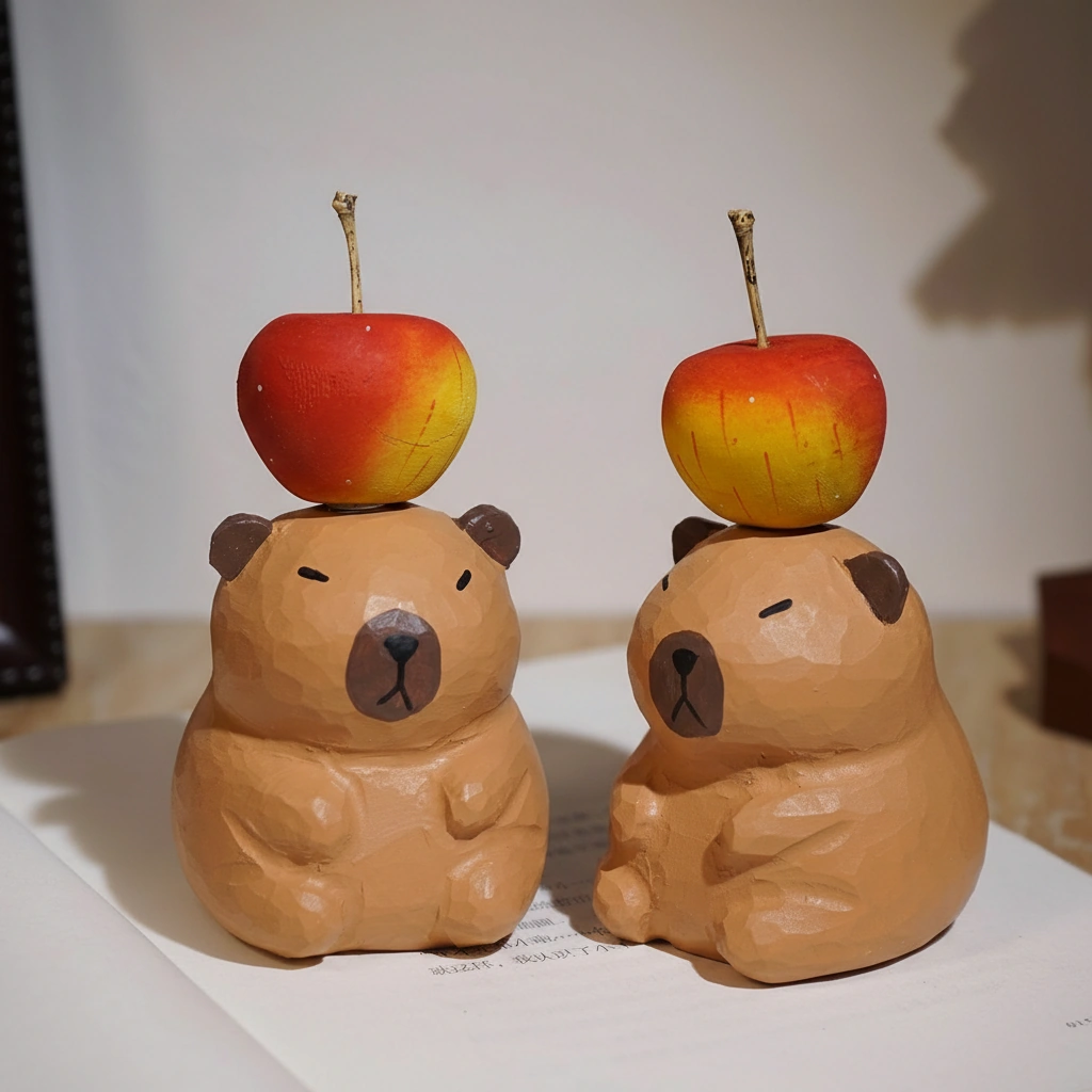 Wooden Capybara Figurine with Magnetic Apple - Hand-Carved Style Detachable Wood Ornament