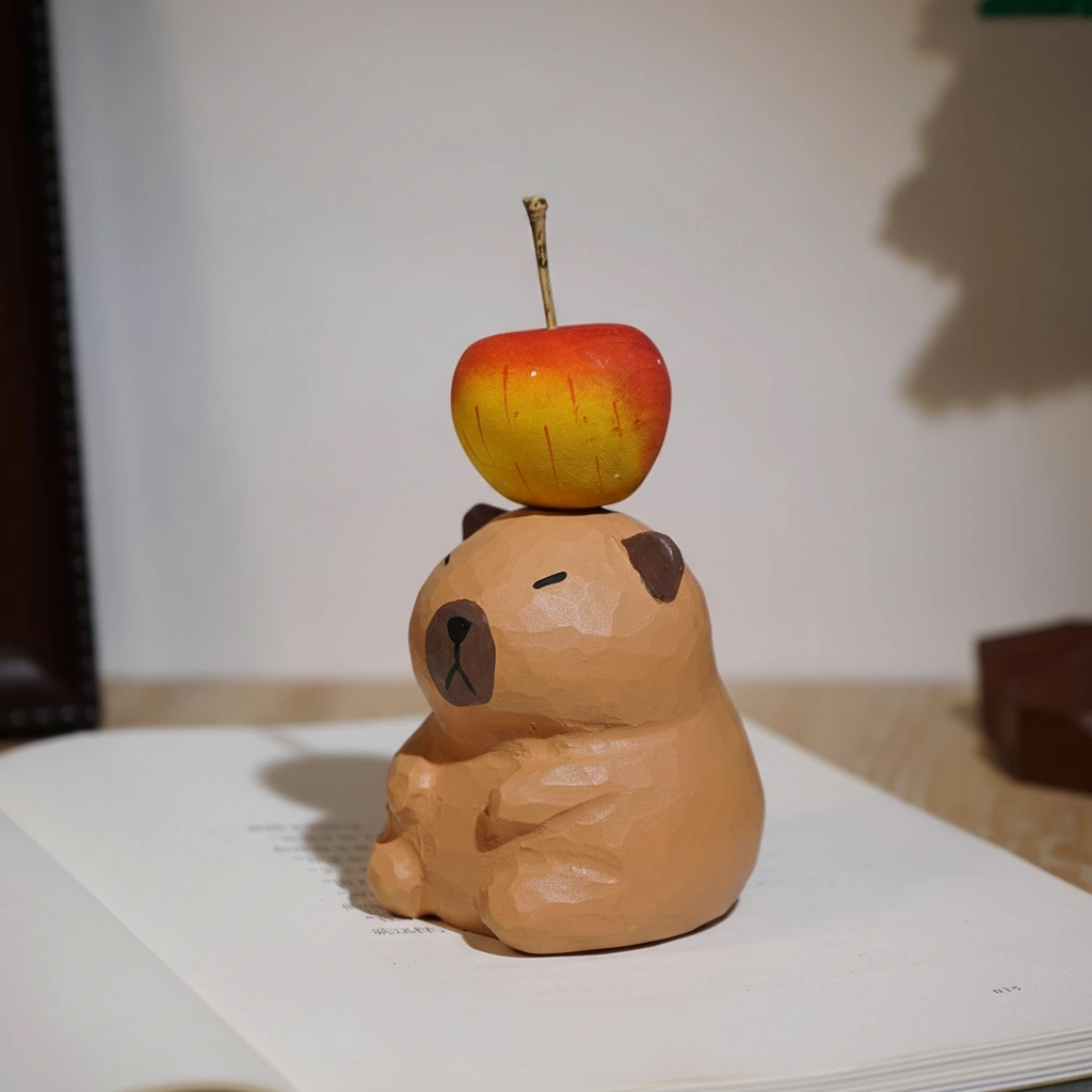 A 10cm tall wooden-style capybara statue with a small red apple magnetically attached to its head, showing the detachable design.