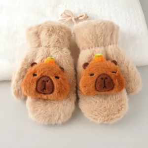 Kids Fluffy Capybara Mittens with Anti-Loss String – Winter Plush Gloves with Orange Detail