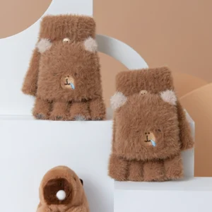 Youth Fuzzy Capybara Flip-Top Gloves – Sleeping Face with Bubble Detail
