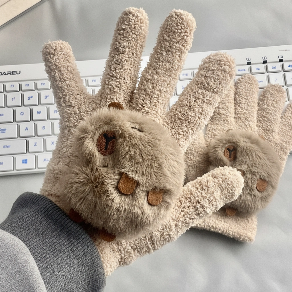 Cream-colored boucle knit gloves featuring 3D capybara plush toys