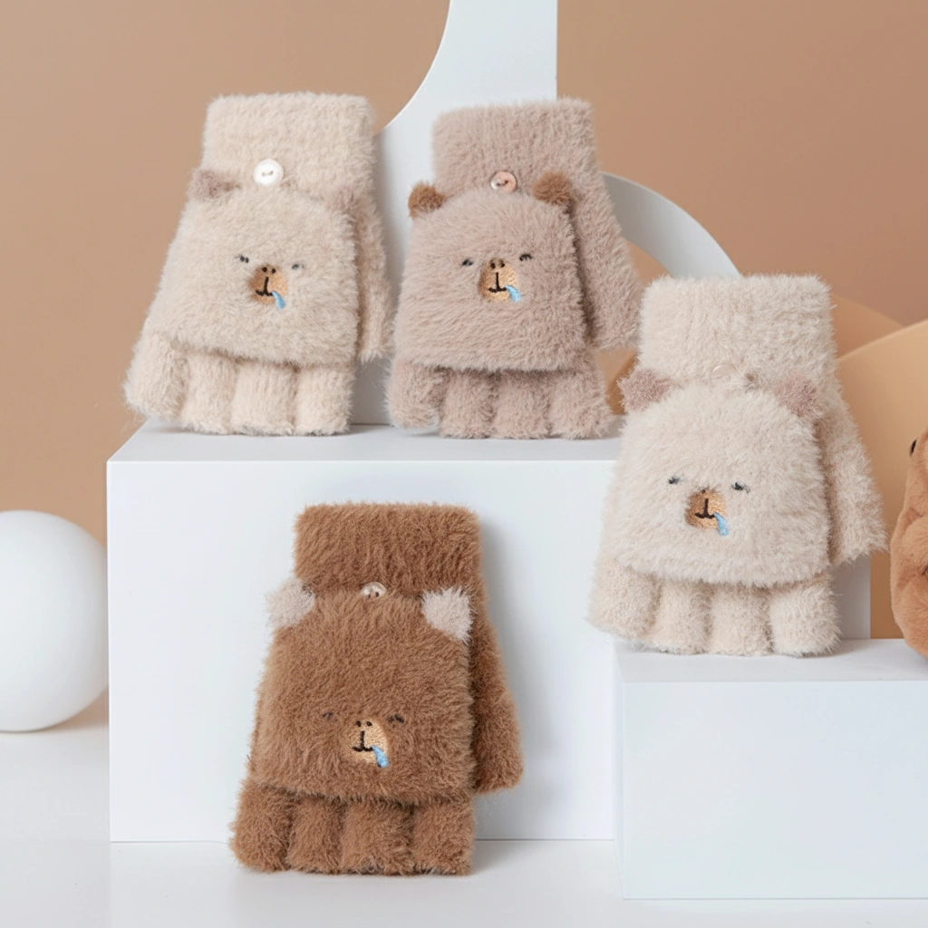 Close-up of fluffy convertible fingerless gloves featuring an embroidered sleeping capybara face with a blue nose bubble, shown in beige and brown colors.