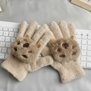 Cream-colored boucle knit gloves featuring 3D capybara plush toys