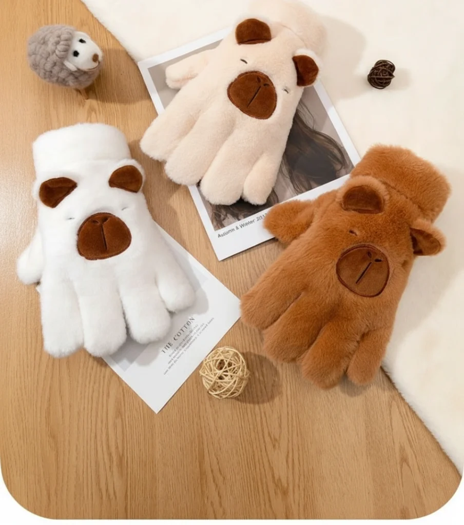 A pair of soft plush capybara gloves featuring cute embroidered faces and 3D ears, available in white, beige, and brown colors.
