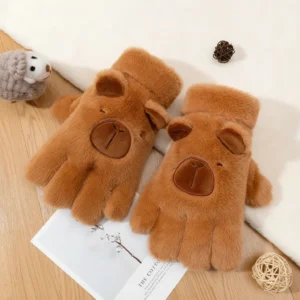 Brown Cute Capybara Plush Gloves – Soft Winter Warm Fuzzy Gloves