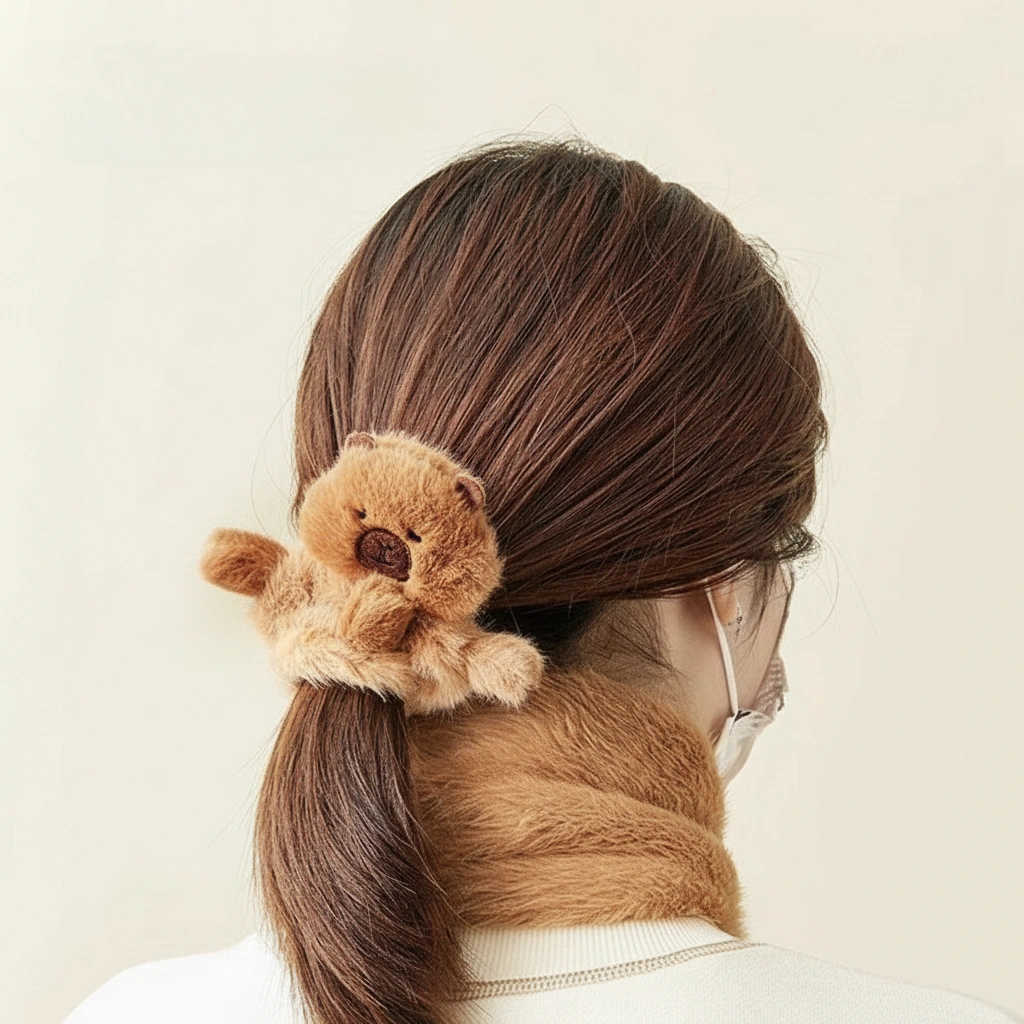 Top-down view of a shaggy beige plush capybara scrunchie featuring small 3D arms and legs, designed to look like it is hugging the wearer's wrist or hair.