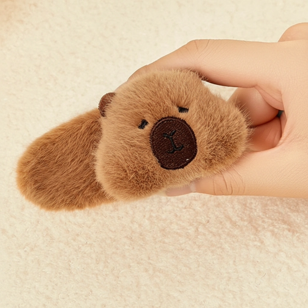 Top-down view of a shaggy, faux fur capybara hair clip with a loaf shape and embroidered face details, showing its fluffy brown texture.