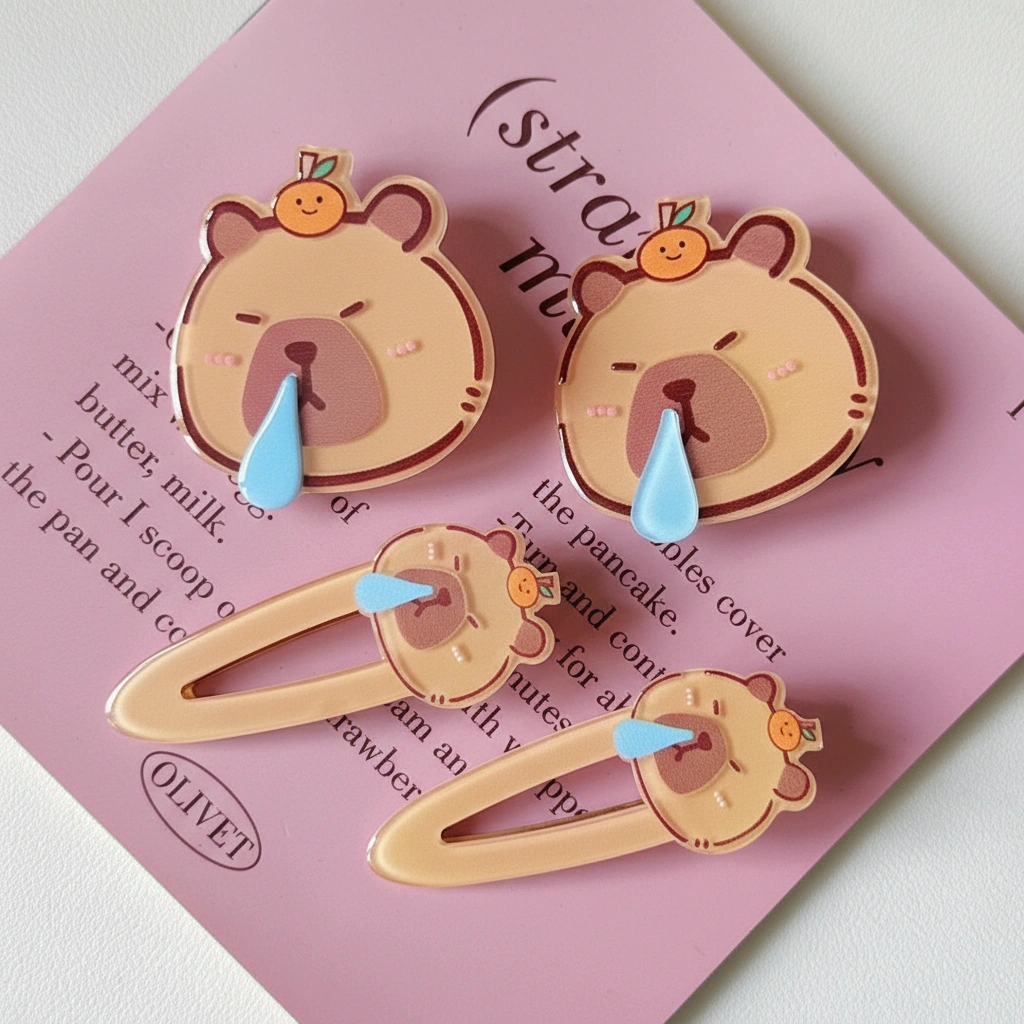 Close-up of a glossy acrylic capybara hair clip featuring a sleeping face with a blue snot bubble and a small orange on its head.
