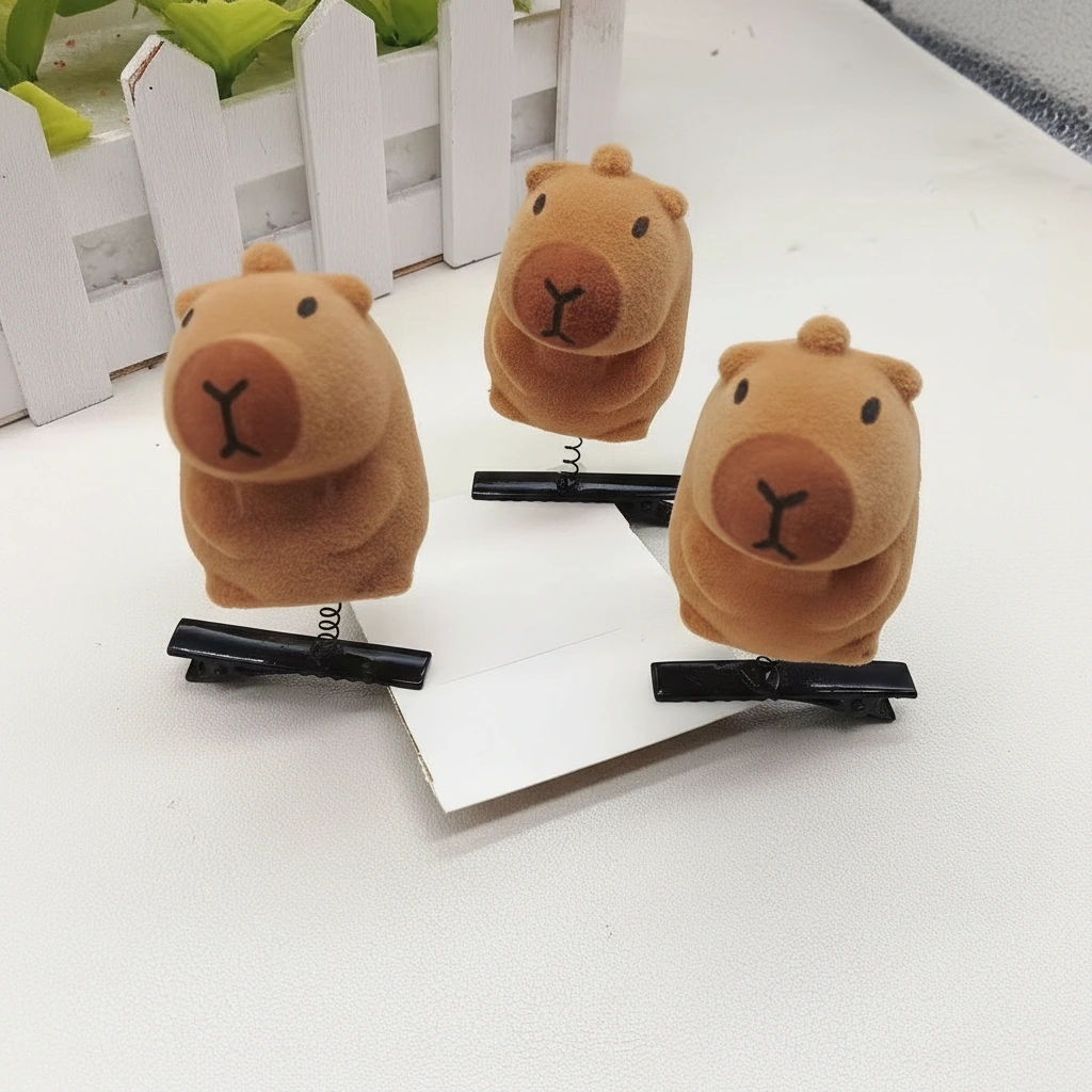 Close-up of a fuzzy flocked capybara figure mounted on a metal spring and black hair clip, shown from a side angle to highlight the bobble mechanism.