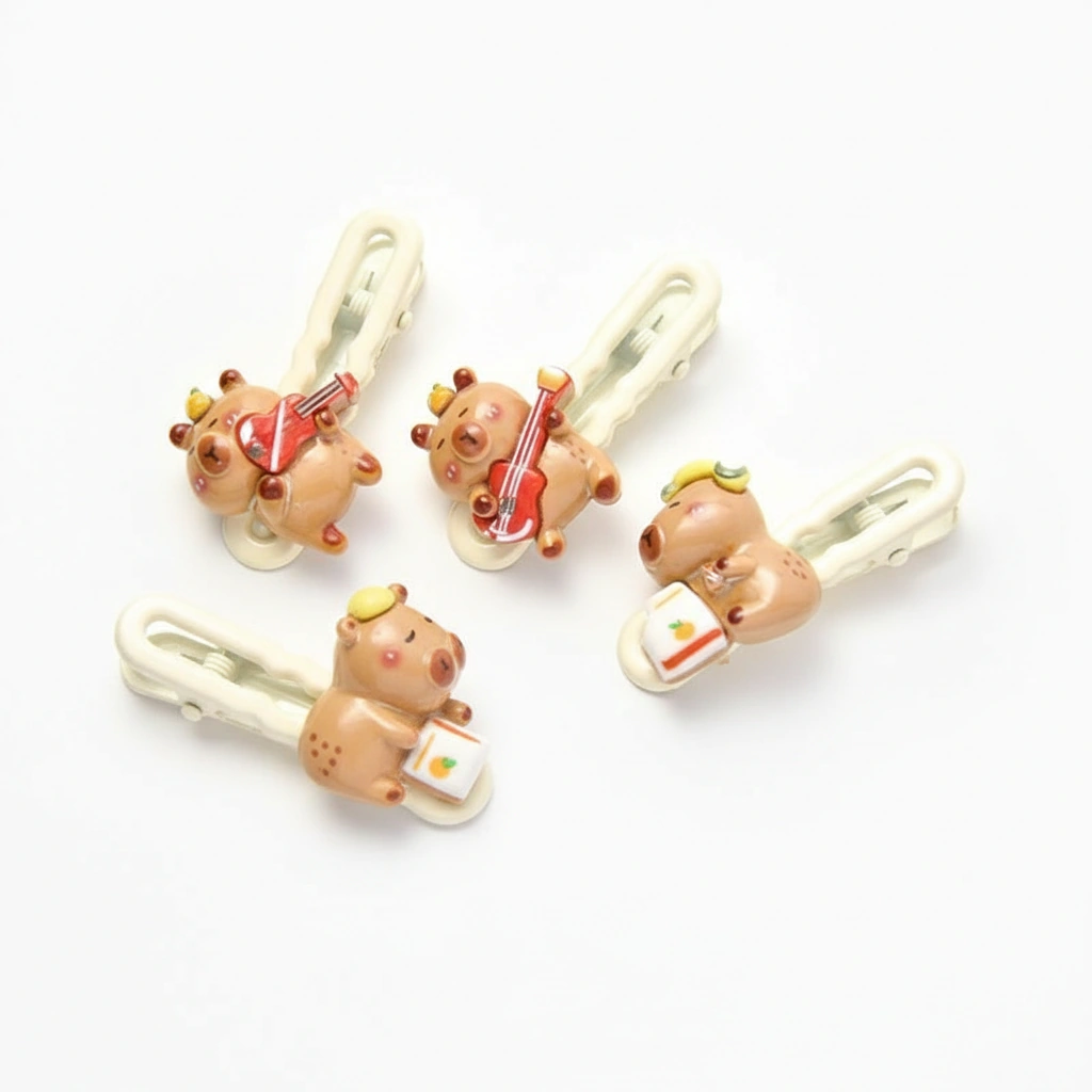 A side-by-side view of three 3D resin capybara hair clips: one playing a violin, one playing a guitar, and one wearing headphones holding a radio.