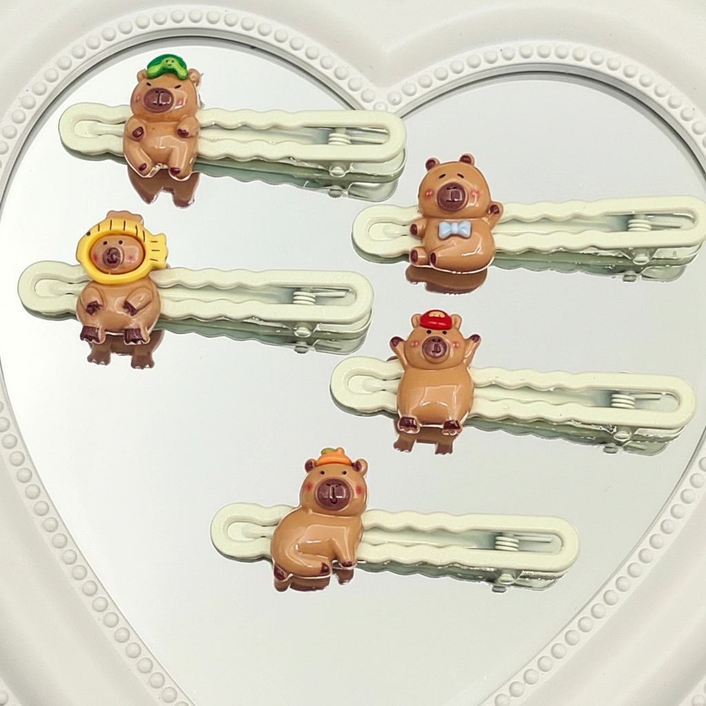 Capybara Costume Wave Hair Clip Set - 5 Style Resin Charms on White Pins