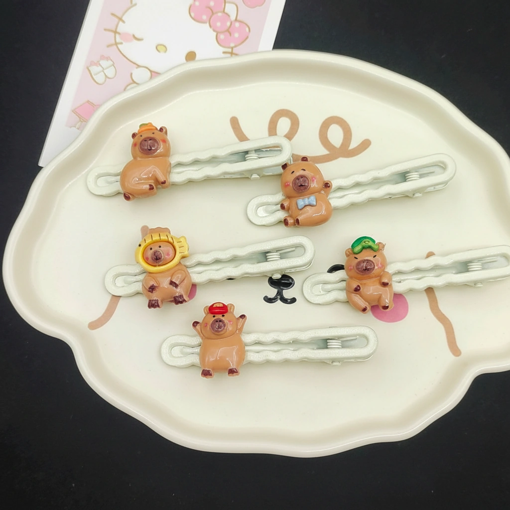 Set of five white wavy hair clips featuring 3D capybara charms wearing a yellow fish hat, red cap, blue bow tie, green turtle, and mandarin orange.